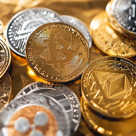 Community Banks and Crypto-Assets; Close-up of assorted cryptocurrency coins, including Bitcoin and Ethereum, featuring intricate designs. The tone is modern and digital.
