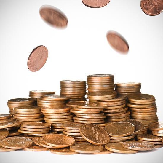 Pennies No Longer in Production Impact Cash Transactions and Sales Taxes; Stacks of copper coins piled high, with several coins falling through the air. The scene conveys abundance and economic prosperity.