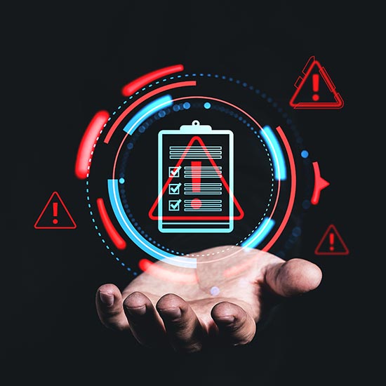 Counselor’s Corner: Sovereign Citizens and Debt-Avoidance Indicators; A hand supports a holographic clipboard with check marks, surrounded by digital warning symbols and circular elements, conveying a sense of caution and technology.