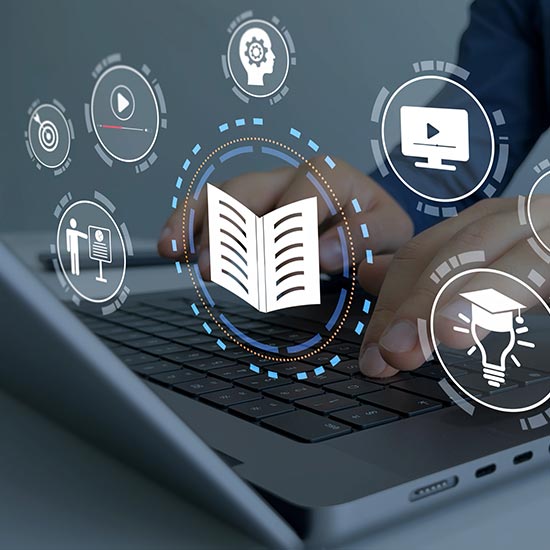 Transforming Compliance Training; Hands typing on a laptop with digital icons representing e-learning, such as a book, play button, and graduation cap, suggesting online education.