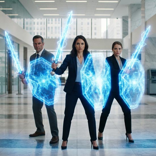Three people with shields